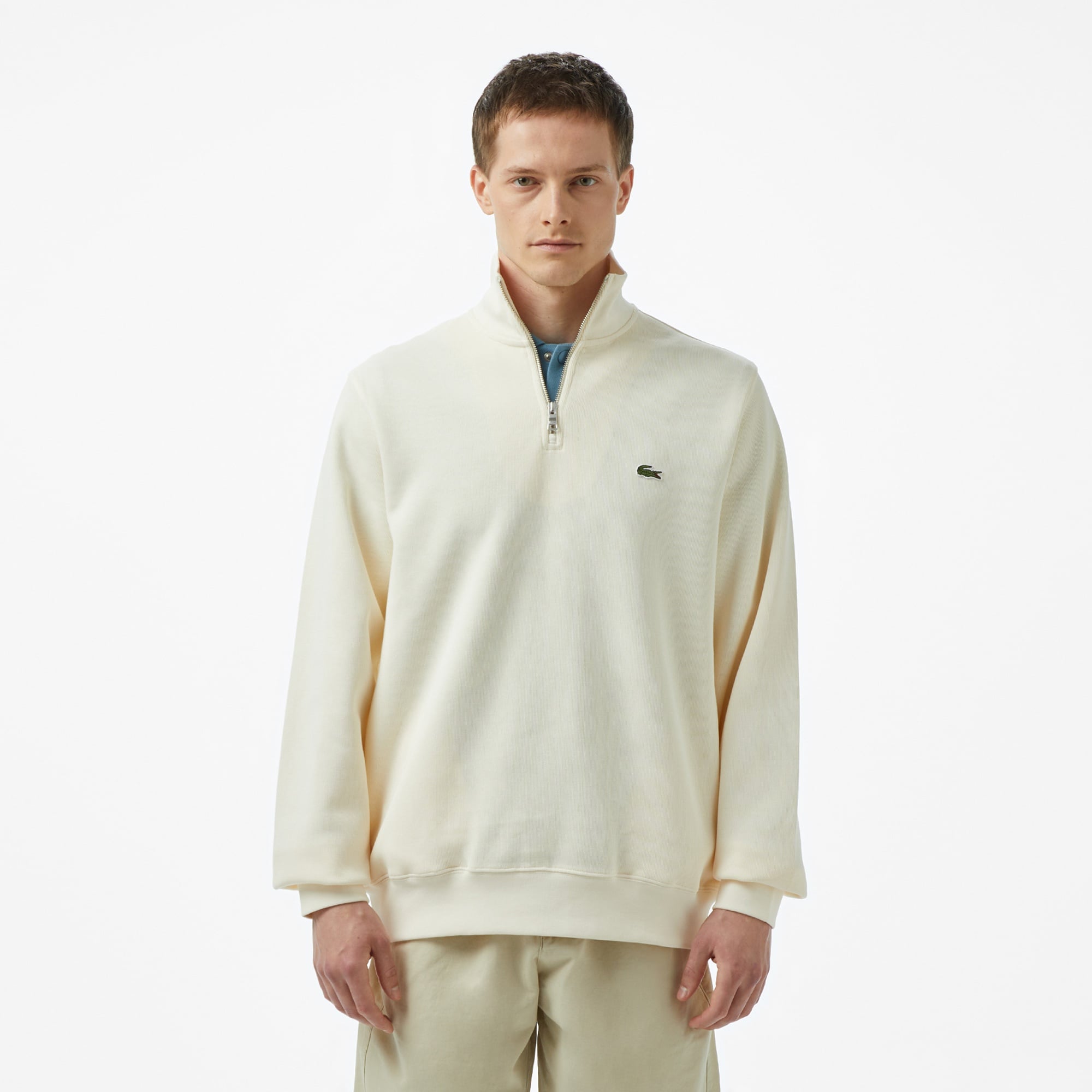 Lacoste Erkek Classic Fit Yarım Fermuarlı Krem Sweatshirt