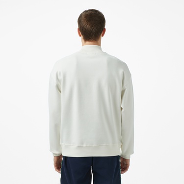  Erkek Loose Fit Yarım Fermuarlı Baskılı Beyaz Sweatshirt