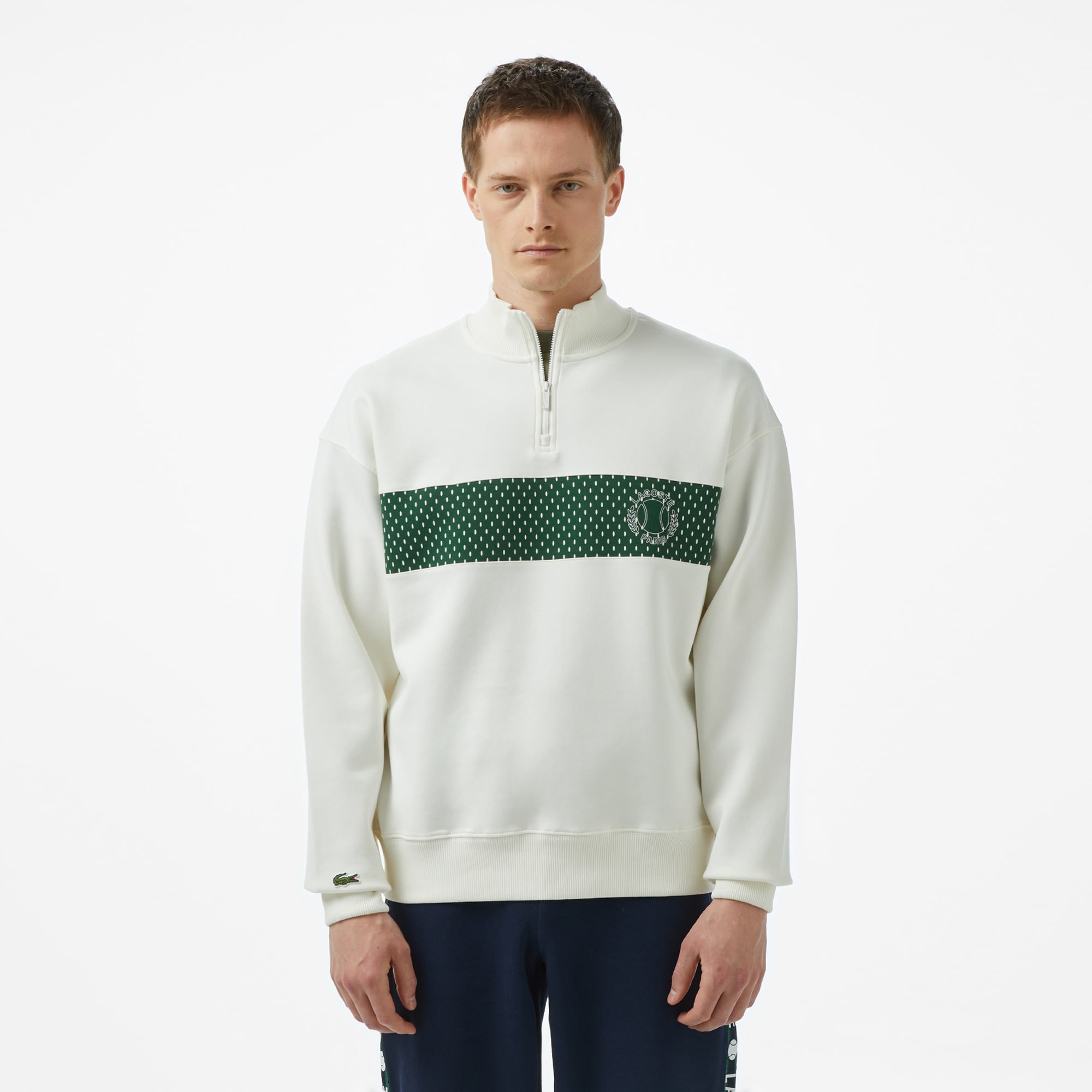Lacoste Erkek Loose Fit Yarım Fermuarlı Baskılı Beyaz Sweatshirt
