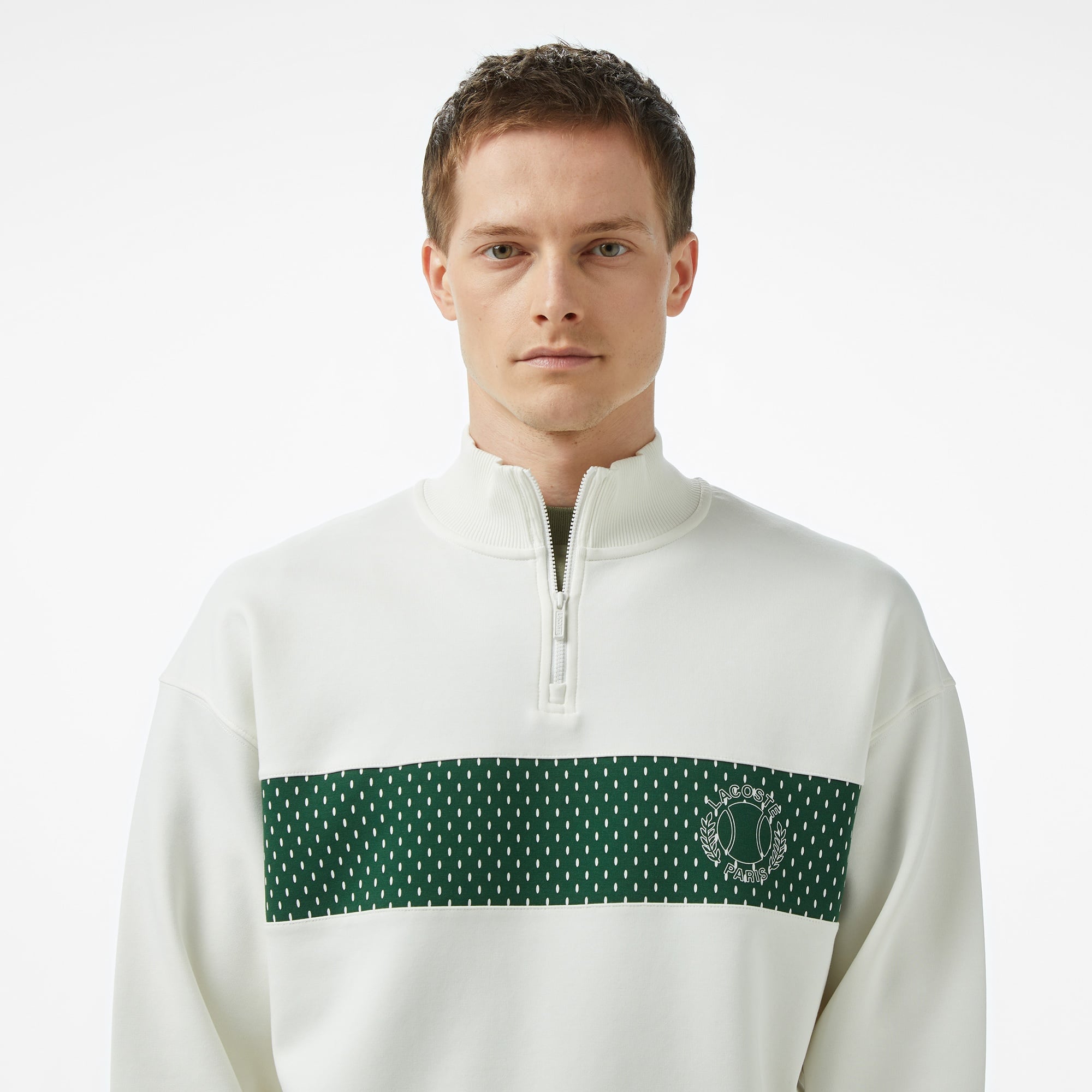 Lacoste Erkek Loose Fit Yarım Fermuarlı Baskılı Beyaz Sweatshirt