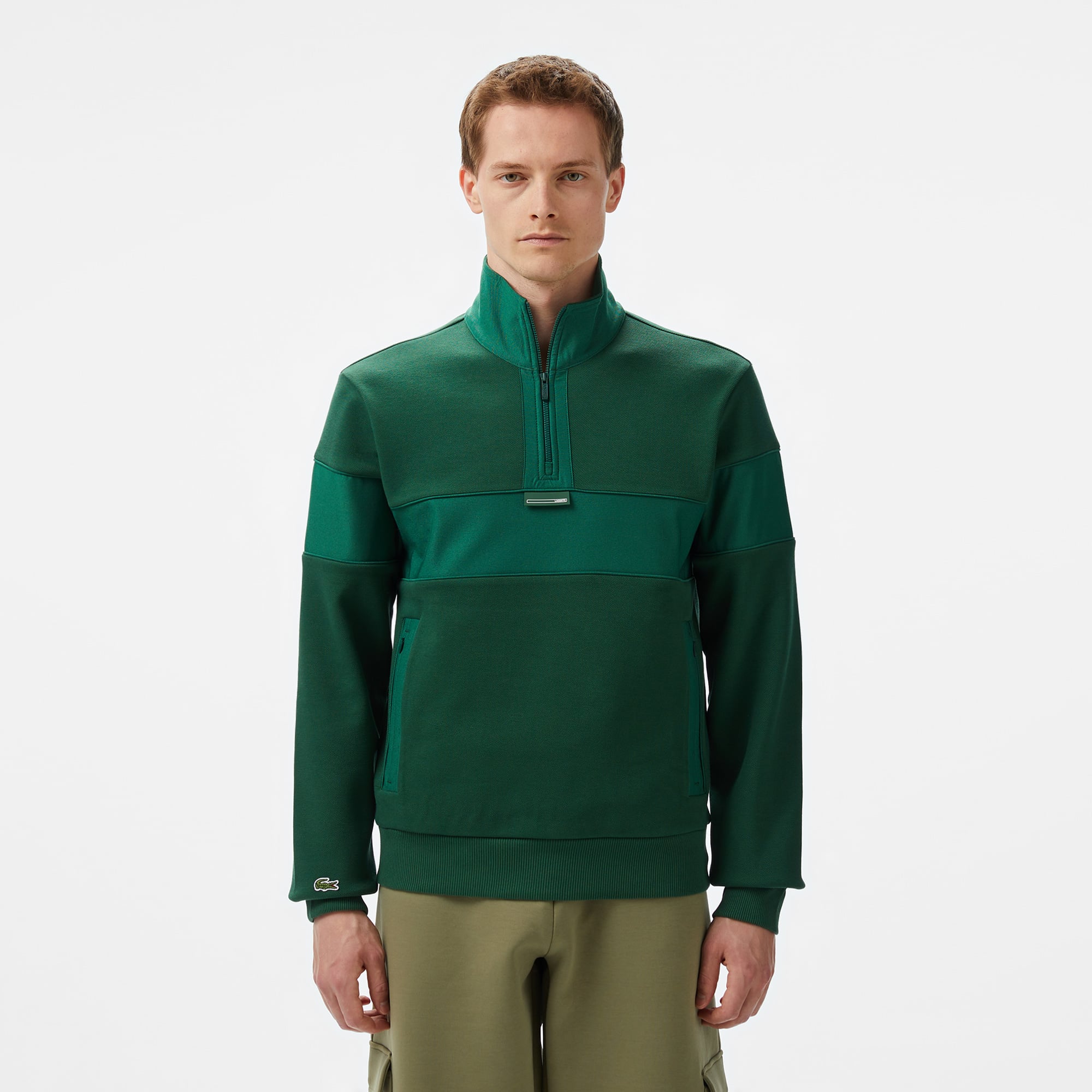  Erkek Classic Fit Yarım Fermuarlı Renk Bloklu Koyu Yeşil Sweatshirt