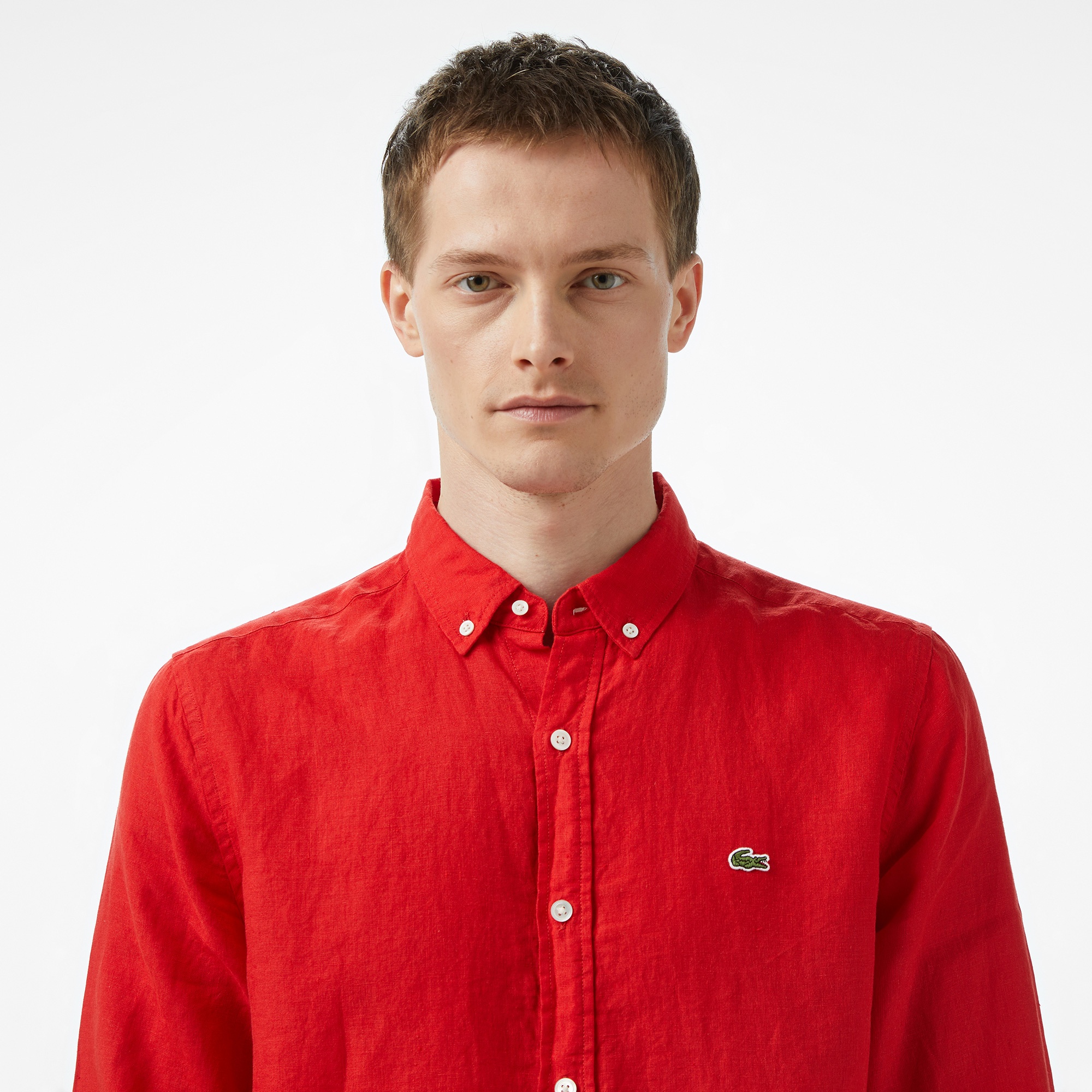 Lacoste Erkek Regular Fit Düğmeli Yaka Keten Kırmızı Gömlek