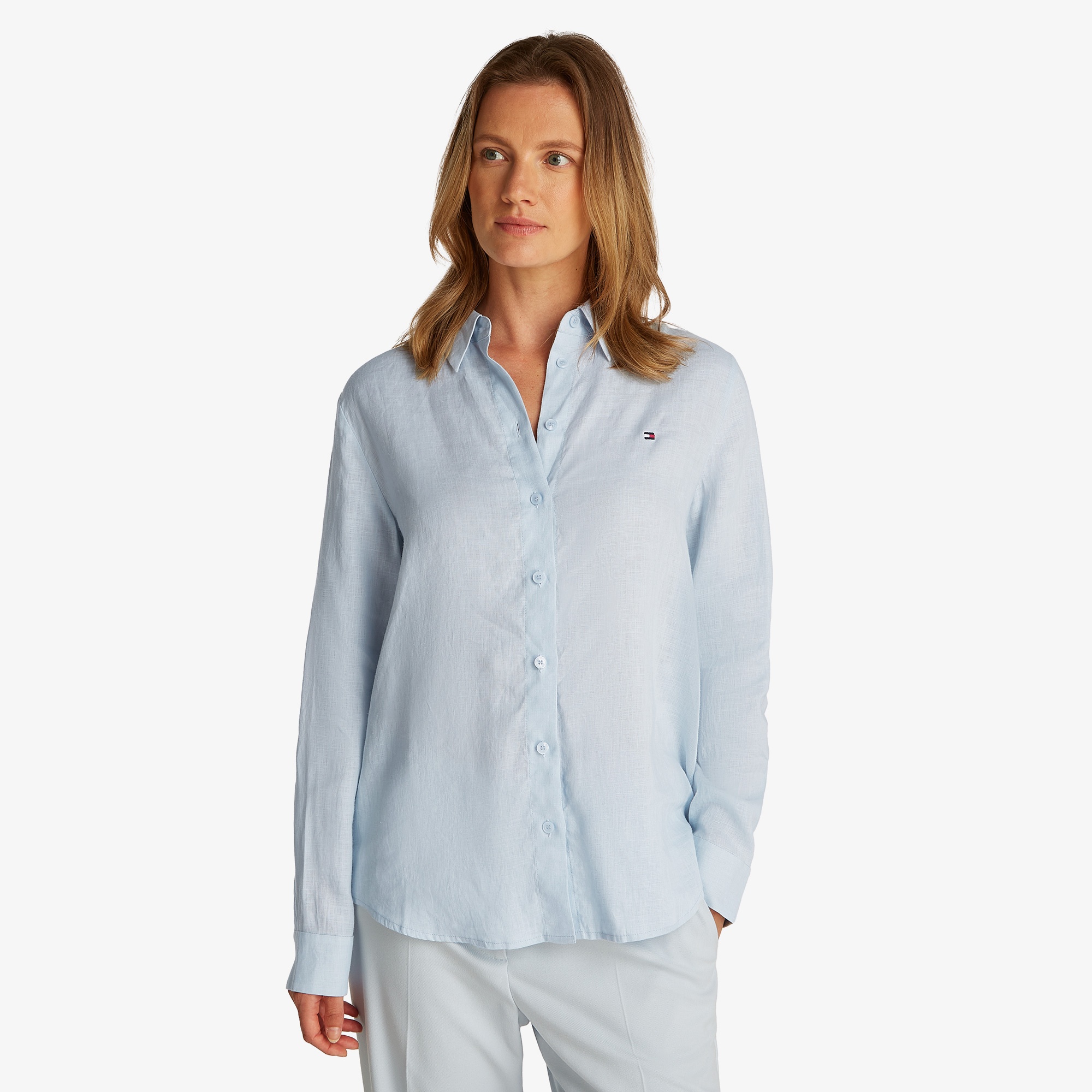 Tommy Hilfiger Linen Relaxed Kadın Keten Mavi Gömlek