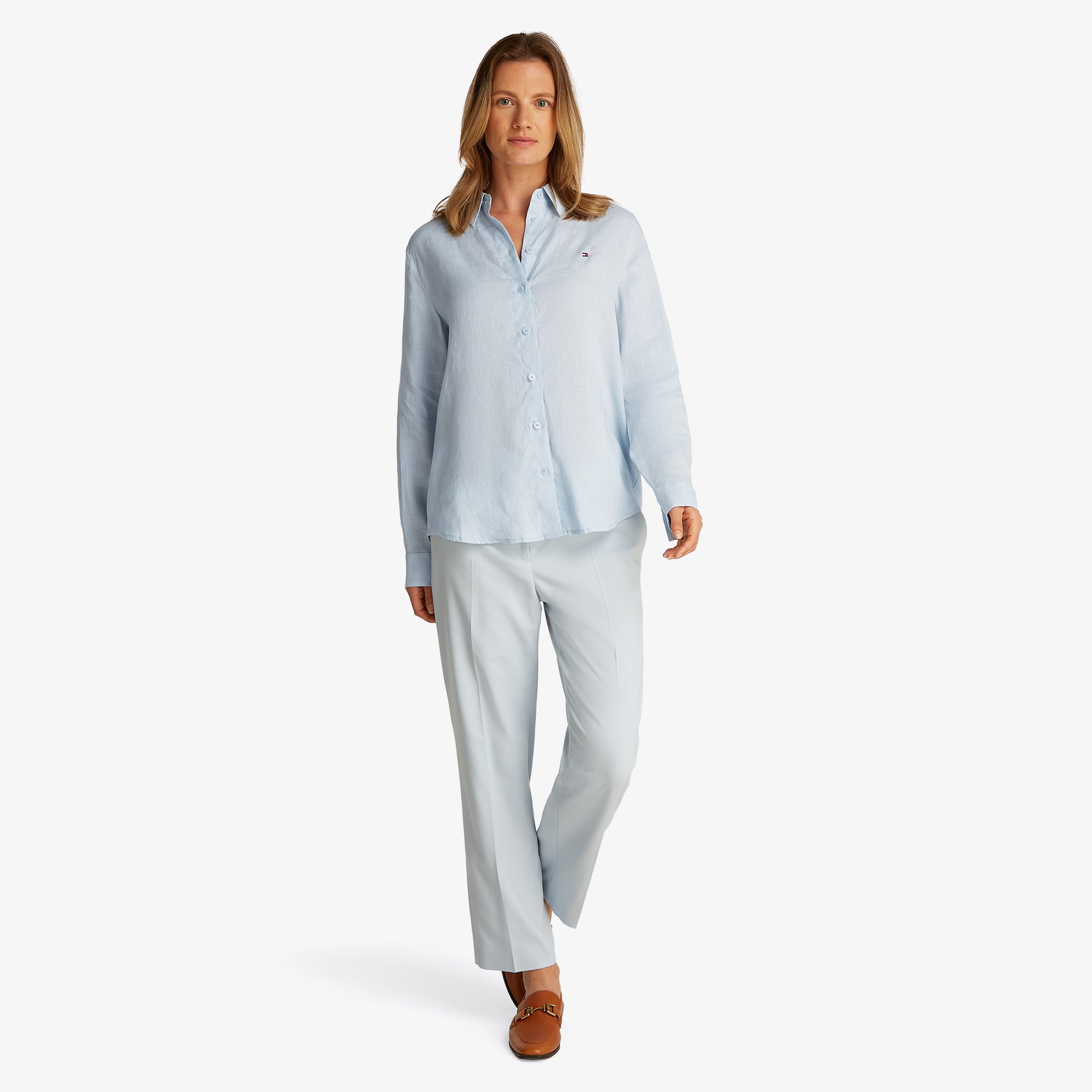  Tommy Hilfiger Linen Relaxed Kadın Keten Mavi Gömlek