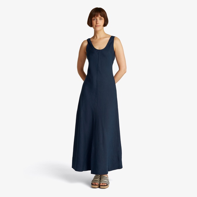  Tommy Hilfiger Textured Linen Tank Maxi Kadın Lacivert Elbise