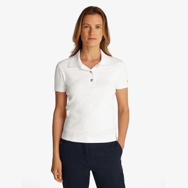  Tommy Hilfiger Slim Gold Button Kadın Beyaz Polo Yaka T-Shirt