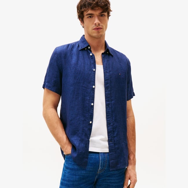  Tommy Hilfiger Pigment Dyed Linen Rf Erkek Lacivert Gömlek