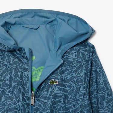  Çocuk Kapüşonlu Baskılı Mavi Ceket