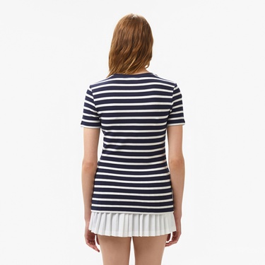  Lacoste Kadın Slim Fit Bisiklet Yaka Çizgili Lacivert T-Shirt