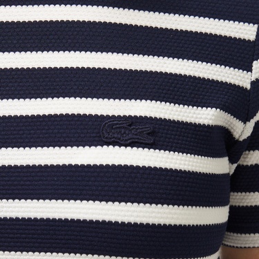  Lacoste Kadın Slim Fit Bisiklet Yaka Çizgili Lacivert T-Shirt