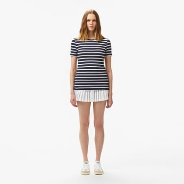  Lacoste Kadın Slim Fit Bisiklet Yaka Çizgili Lacivert T-Shirt