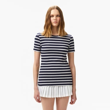  Lacoste Kadın Slim Fit Bisiklet Yaka Çizgili Lacivert T-Shirt