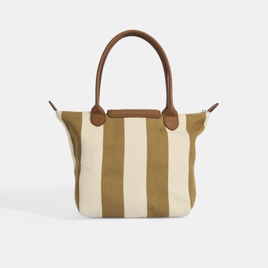  Kadın Monogram Logolu Vizon Çizgili Kumaş Midi Omuz Çantası