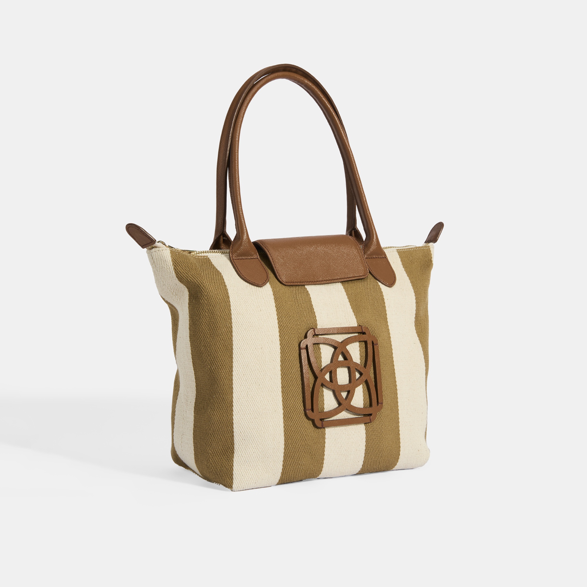 Kadın Monogram Logolu Vizon Çizgili Kumaş Midi Omuz Çantası