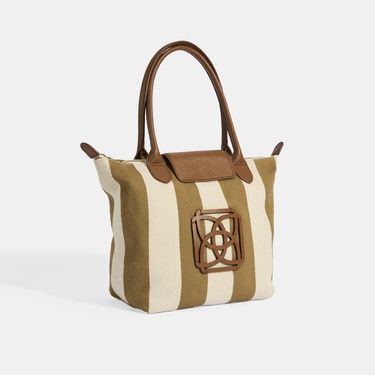  Kadın Monogram Logolu Vizon Çizgili Kumaş Midi Omuz Çantası