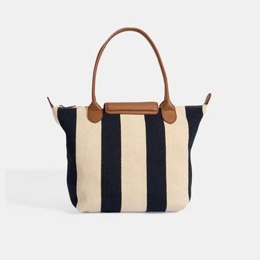  Kadın Monogram Logolu Lacivert Çizgili Kumaş Midi Omuz Çantası