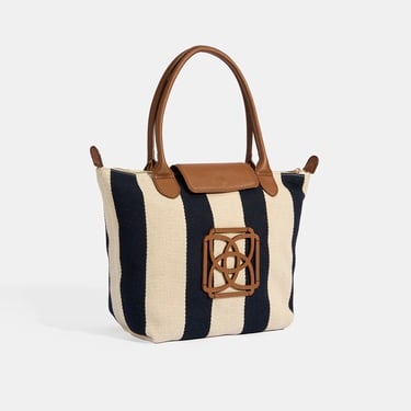  Kadın Monogram Logolu Lacivert Çizgili Kumaş Midi Omuz Çantası