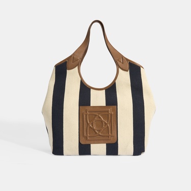  Kadın Monogram Logolu Lacivert Çizgili Kumaş Omuz Çantası