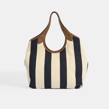  Kadın Monogram Logolu Lacivert Çizgili Kumaş Omuz Çantası