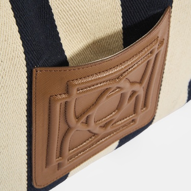  Kadın Monogram Logolu Lacivert Çizgili Kumaş Omuz Çantası