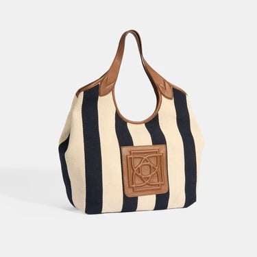  Kadın Monogram Logolu Lacivert Çizgili Kumaş Omuz Çantası