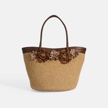  Kadın Kahve Çiçek Detaylı Hasır Omuz Çantası