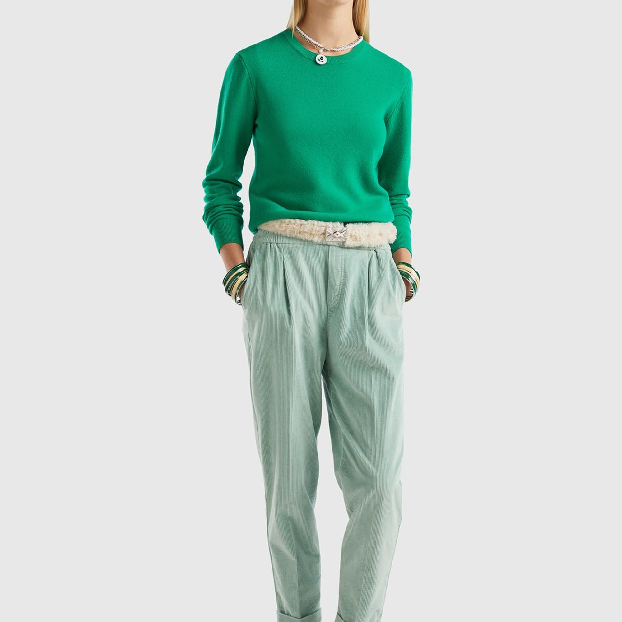 Kadın Yeşil Bisiklet Yaka Merino Kazak