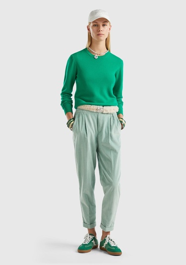  Kadın Yeşil Bisiklet Yaka Merino Kazak