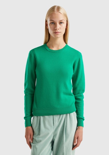  Kadın Yeşil Bisiklet Yaka Merino Kazak