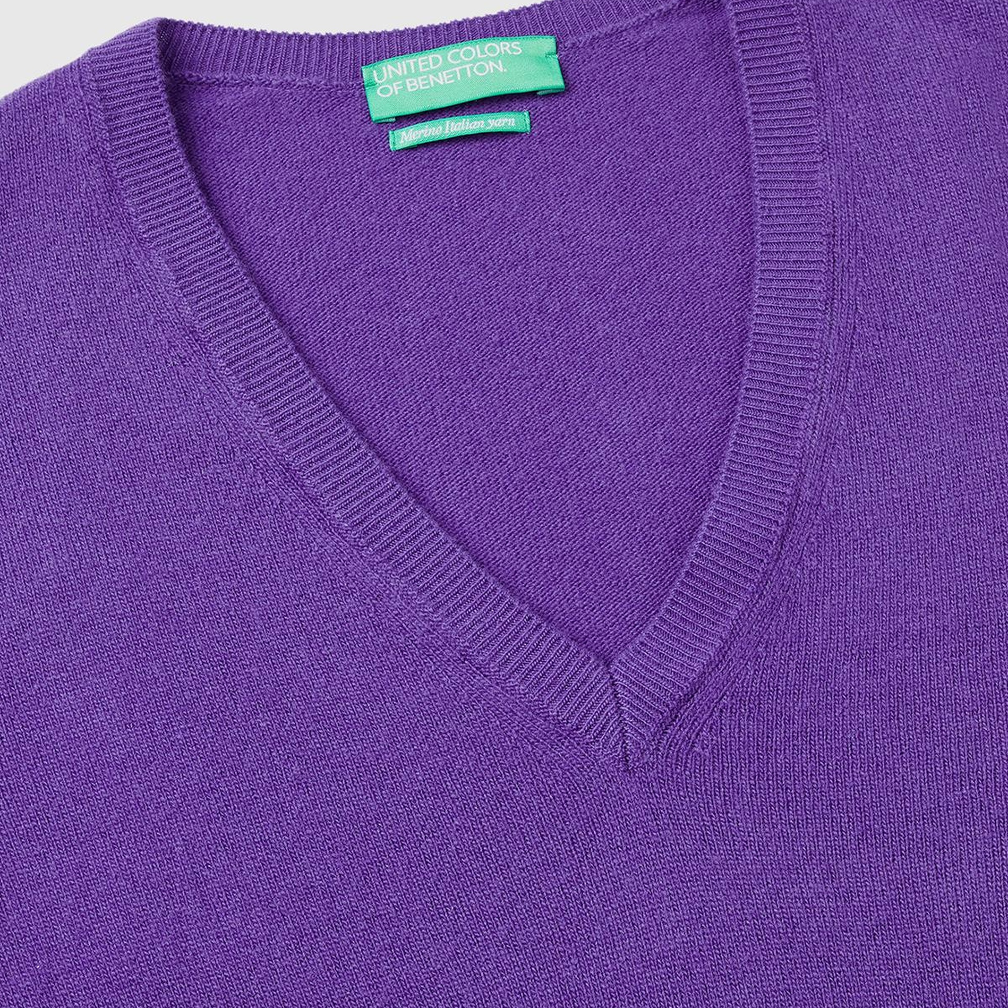 Kadın Mor V Yaka Merino Kazak