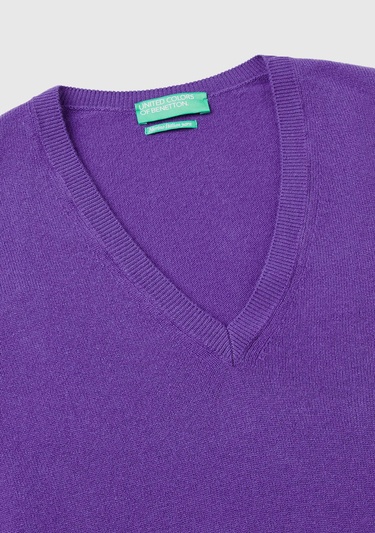  Kadın Mor V Yaka Merino Kazak
