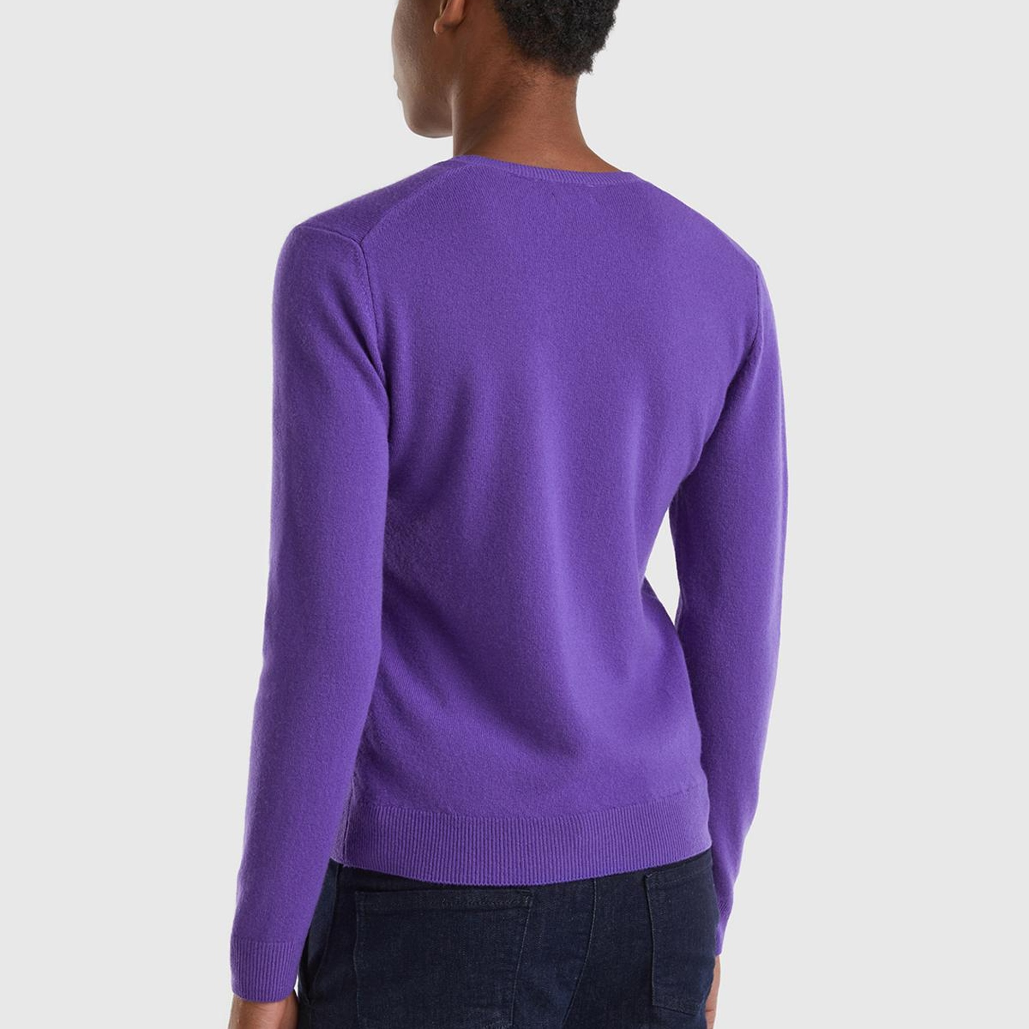 Kadın Mor V Yaka Merino Kazak