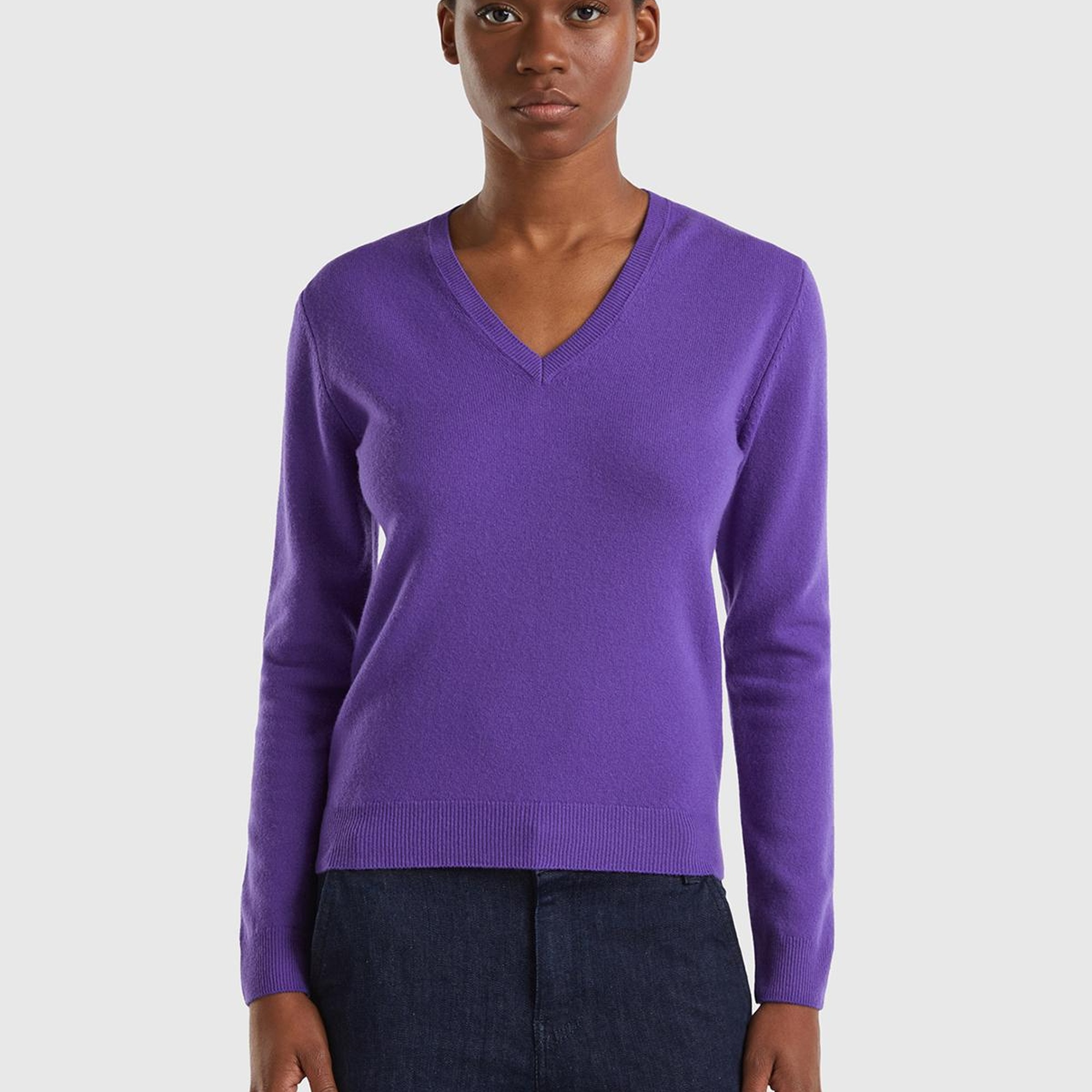 Kadın Mor V Yaka Merino Kazak