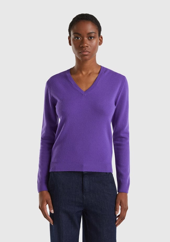  Kadın Mor V Yaka Merino Kazak
