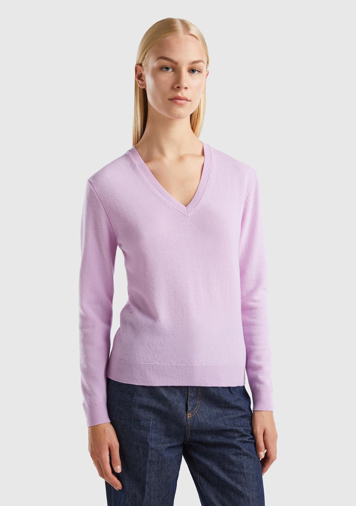  Kadın Lila V Yaka Merino Kazak