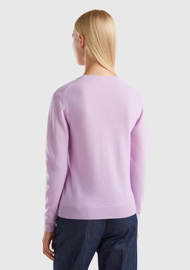  Kadın Lila V Yaka Merino Kazak