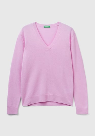  Kadın Lila V Yaka Merino Kazak