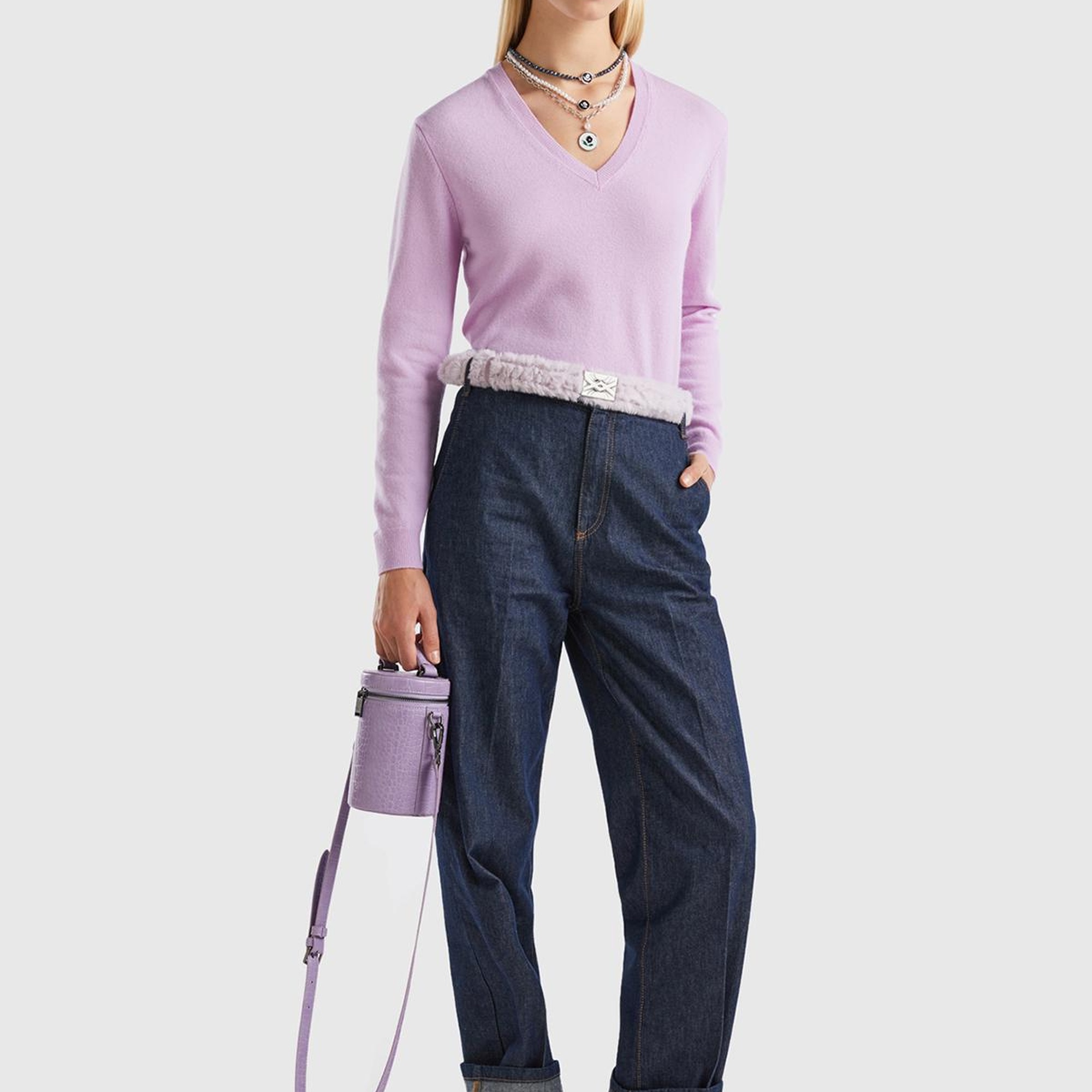 Kadın Lila V Yaka Merino Kazak