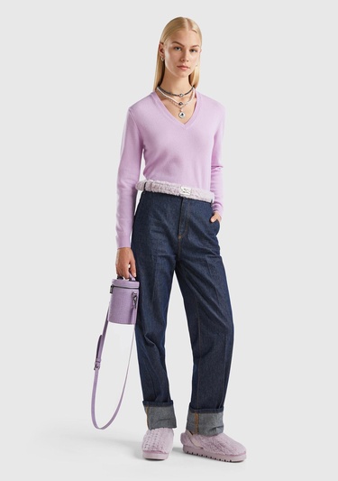  Kadın Lila V Yaka Merino Kazak