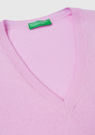  Kadın Lila V Yaka Merino Kazak