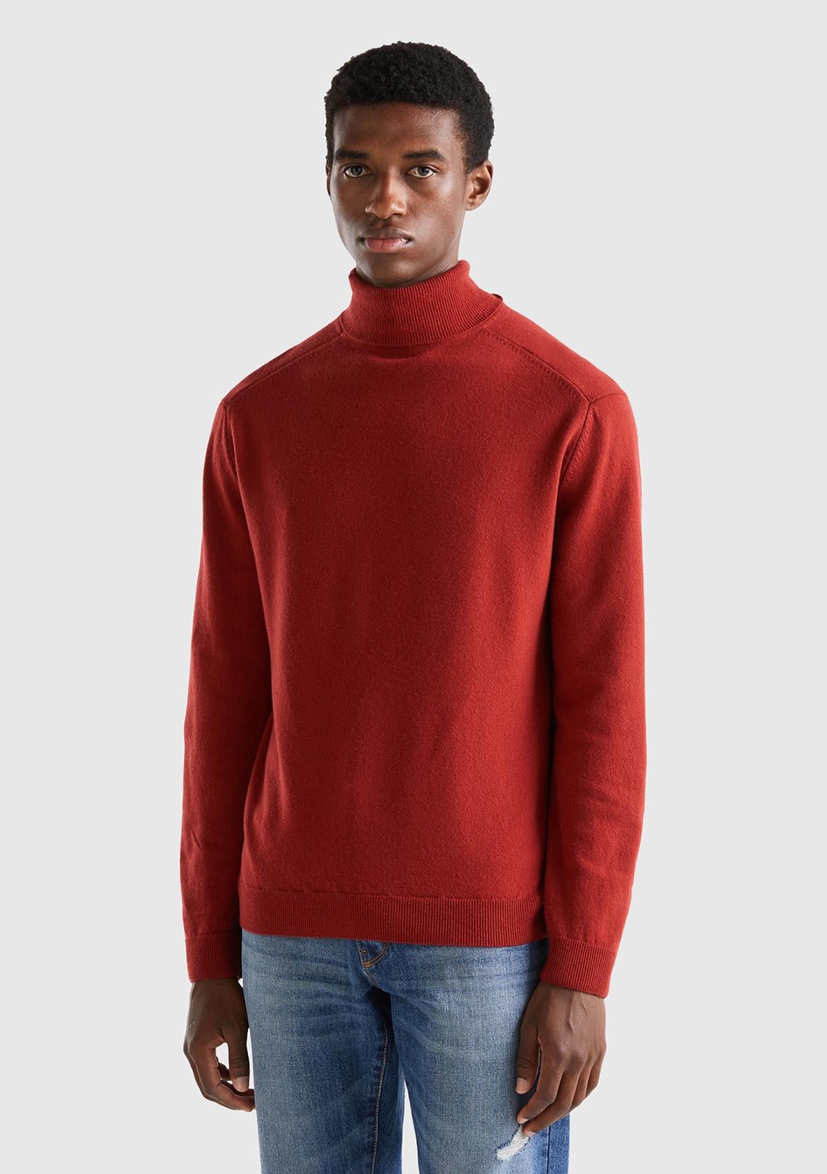  Erkek Bordo Boğazlı Merino Kazak