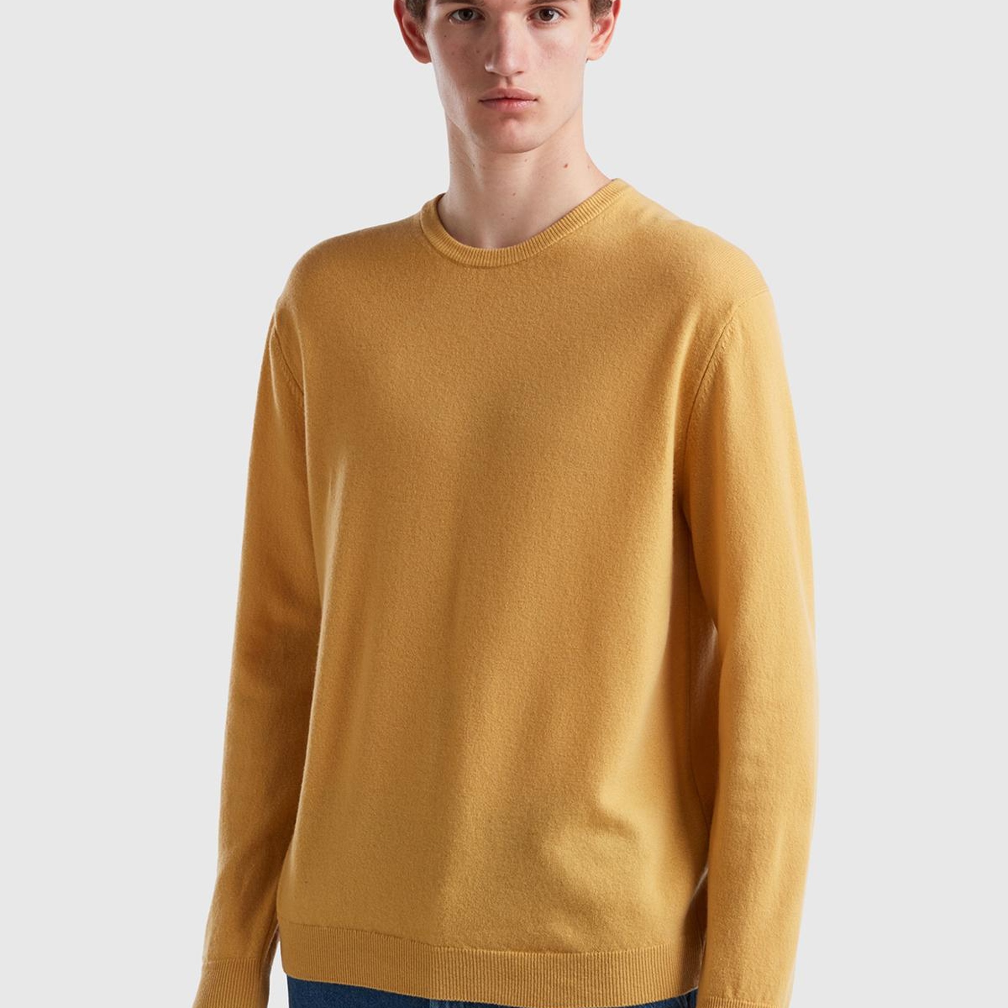 Erkek Safran Sarısı Bisiklet Yaka Merino Kazak