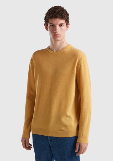  Erkek Safran Sarısı Bisiklet Yaka Merino Kazak