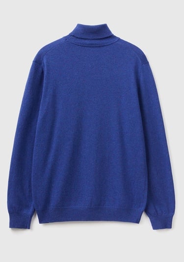  Erkek Mavi Melanj Boğazlı Merino Kazak