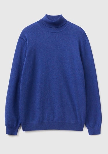  Erkek Mavi Melanj Boğazlı Merino Kazak