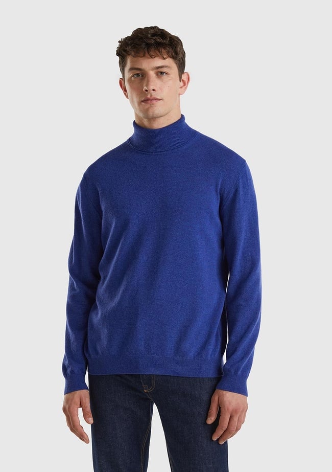  Erkek Mavi Melanj Boğazlı Merino Kazak