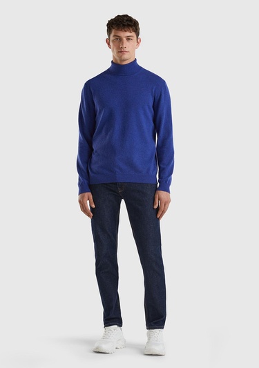  Erkek Mavi Melanj Boğazlı Merino Kazak