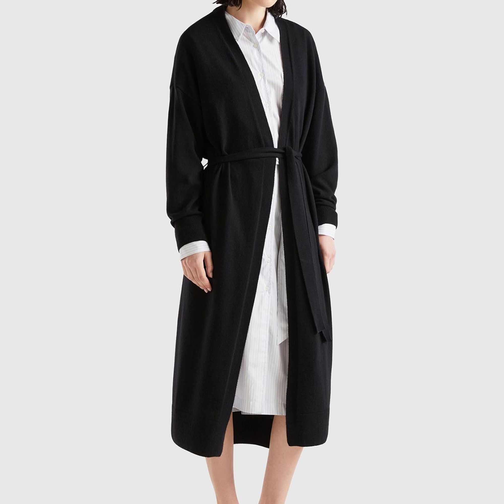 Kadın Siyah Yün Karışımlı Belden Bağlamalı Hırka