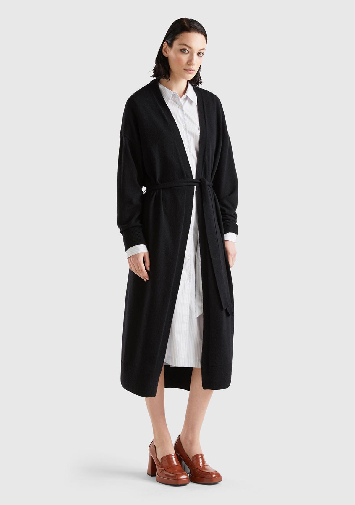  Kadın Siyah Yün Karışımlı Belden Bağlamalı Hırka