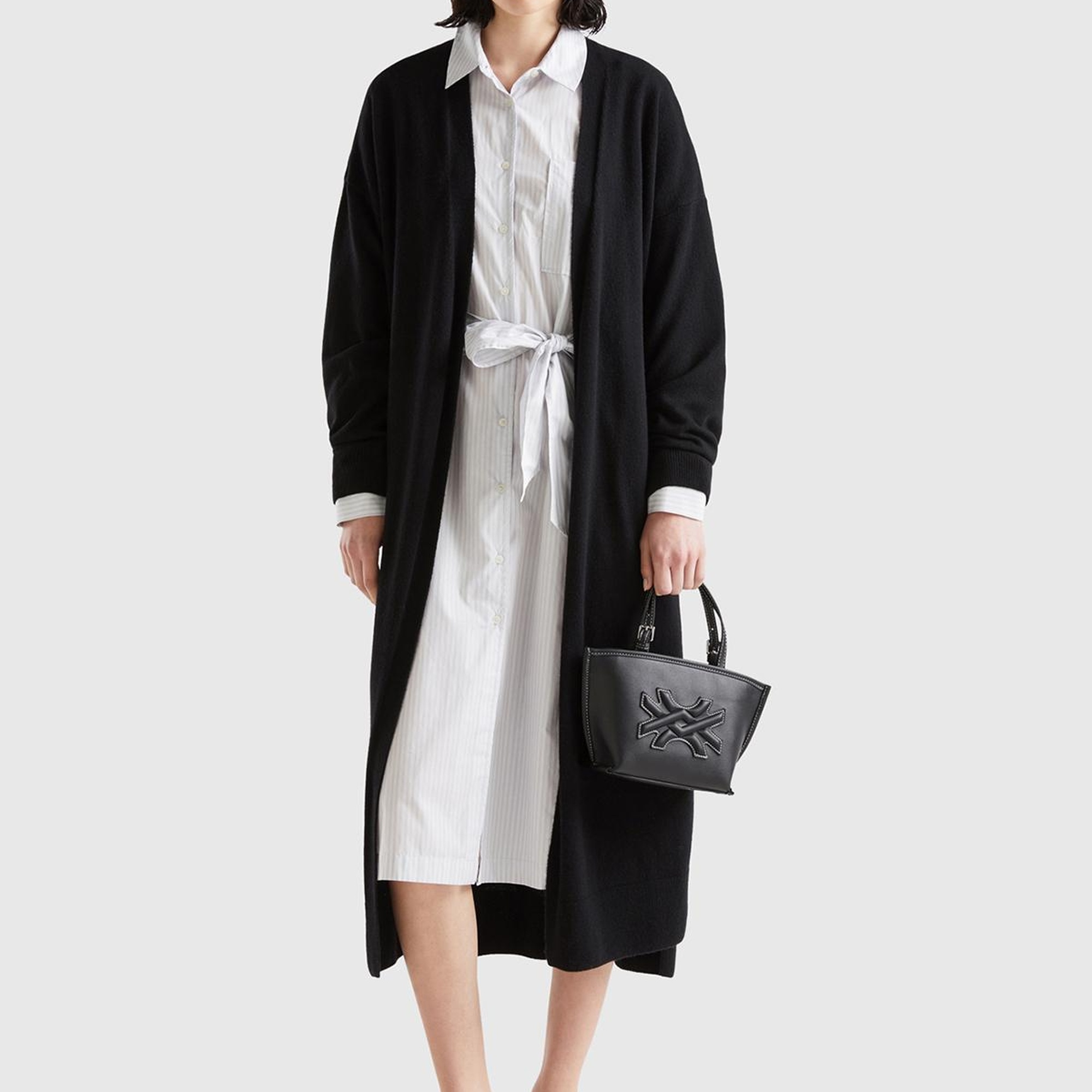 Kadın Siyah Yün Karışımlı Belden Bağlamalı Hırka